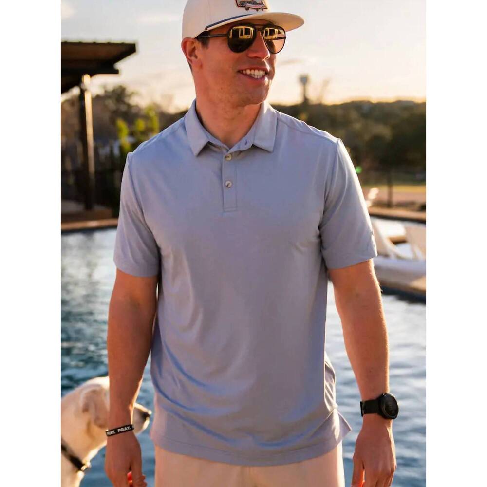 NEW BURLEBO short sleeve performance polo in heather sky blue